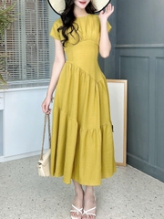 Đầm Maxi Hoa Tay Hến Dáng Dài Phối Chiết Eo Xéo Chất Linen Bambo Sược Đi Tiệc Đi Dạo MIMIX - FG0