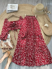 Set Bộ Váy Hoa Áo Croptop Tay Dài Mix Chân Váy Dáng Dài Chất Tơ Đi Du Lịch MIMIX - FD3