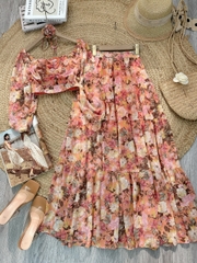Set Bộ Váy Hoa Áo Croptop Tay Dài Mix Chân Váy Dáng Dài Chất Tơ Đi Du Lịch MIMIX - FD3