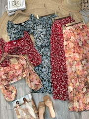 Set Bộ Váy Hoa Áo Croptop Tay Dài Mix Chân Váy Dáng Dài Chất Tơ Đi Du Lịch MIMIX - FD3