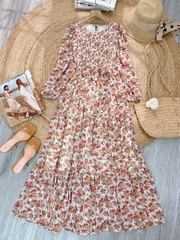 Váy Maxi Hoa Tay Dài Smocking Thân Dáng Dài Chất Tơ Đi Du Lịch MIMIX - FD9