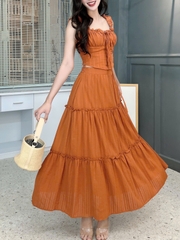 Set Bộ Váy Mix Áo 2 Dây Bản To Dáng Dài Xòe Chất Cotton Đi Du Lịch MIMIX - FF1