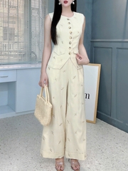 Set Bộ Áo Gile Cổ Tròn Thêu Hoa Mix Quần Dáng Dài Chất Chéo Hàn Thêu Công Sở MIMIX - FJ4