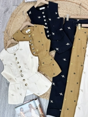 Set Bộ Áo Gile Cổ Tròn Thêu Hoa Mix Quần Dáng Dài Chất Chéo Hàn Thêu Công Sở MIMIX - FJ4