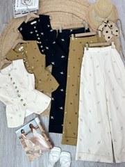 Set Bộ Áo Gile Cổ Tròn Thêu Hoa Mix Quần Dáng Dài Chất Chéo Hàn Thêu Công Sở MIMIX - FJ4