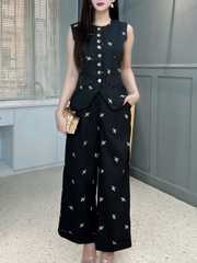 Set Bộ Áo Gile Cổ Tròn Thêu Hoa Mix Quần Dáng Dài Chất Chéo Hàn Thêu Công Sở MIMIX - FJ4