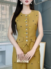 Set Bộ Áo Gile Cổ Tròn Thêu Hoa Mix Quần Dáng Dài Chất Chéo Hàn Thêu Công Sở MIMIX - FJ4