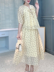 Set Váy Nữ Áo Tay Bo Rút Phối Nơ Và Chân Váy Dáng Dài Chất Tơ Dập In Hoa Đi Tiệc MIMIX - FJ8