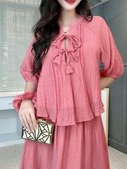 Set Váy Nữ Áo Tay Bo Rút Phối Nơ Và Chân Váy Dáng Dài Chất Tơ Dập In Hoa Đi Tiệc MIMIX - FJ8