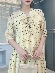 Set Váy Nữ Áo Tay Bo Rút Phối Nơ Và Chân Váy Dáng Dài Chất Tơ Dập In Hoa Đi Tiệc MIMIX - FJ8