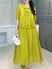 Set Váy Nữ Áo Tay Bo Rút Phối Nơ Và Chân Váy Dáng Dài Chất Tơ Dập In Hoa Đi Tiệc MIMIX - FJ8