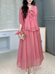 Set Váy Nữ Áo Tay Bo Rút Phối Nơ Và Chân Váy Dáng Dài Chất Tơ Dập In Hoa Đi Tiệc MIMIX - FJ8