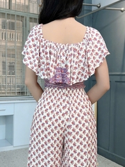 Set Bộ Nữ Áo Croptop Bèo Mix Quần Suông Dài Họa Tiết Đi Biển Đi Tiệc MIMIX - FK9