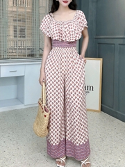 Set Bộ Nữ Áo Croptop Bèo Mix Quần Suông Dài Họa Tiết Đi Biển Đi Tiệc MIMIX - FK9