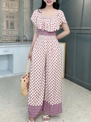 Set Bộ Nữ Áo Croptop Bèo Mix Quần Suông Dài Họa Tiết Đi Biển Đi Tiệc MIMIX - FK9