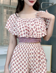 Set Bộ Nữ Áo Croptop Bèo Mix Quần Suông Dài Họa Tiết Đi Biển Đi Tiệc MIMIX - FK9