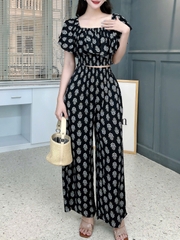 Set Bộ Nữ Áo Croptop Bèo Mix Quần Suông Dài Họa Tiết Đi Biển Đi Tiệc MIMIX - FK9