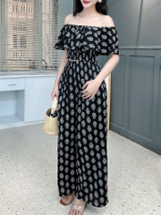 Set Bộ Nữ Áo Croptop Bèo Mix Quần Suông Dài Họa Tiết Đi Biển Đi Tiệc MIMIX - FK9