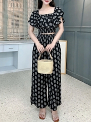 Set Bộ Nữ Áo Croptop Bèo Mix Quần Suông Dài Họa Tiết Đi Biển Đi Tiệc MIMIX - FK9