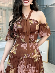 Đầm Maxi Hoa Thiết Kế Tầng Xòe Trễ Vai Cổ Yếm Nữ Đẹp MIMIX FN9