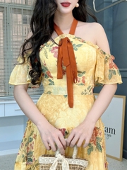 Đầm Maxi Hoa Thiết Kế Tầng Xòe Trễ Vai Cổ Yếm Nữ Đẹp MIMIX FN9