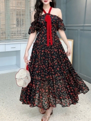 Đầm Maxi Hoa Thiết Kế Tầng Xòe Trễ Vai Cổ Yếm Nữ Đẹp MIMIX FN9