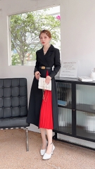 Đầm Qc Cao Cấp Tay Dài, Cổ Vest Xẻ Phối
