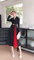 Đầm Qc Cao Cấp Tay Dài, Cổ Vest Xẻ Phối