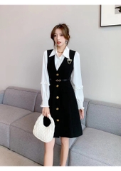 Set Đầm Qc Gồm Váy Gile Kem Áo Sơ Mi Lụa