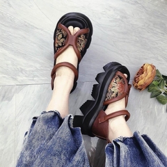 Giày Sandal  Thêu Đế Dày Velcro Miệng Cá Cổ Lớp Đầu Tiên Da Bò giày Nữ Mùa Hè Phong Cách Phong Cách Dân Tộc