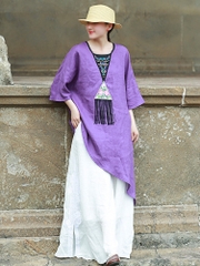 Áo thun cotton và lanh nữ thêu viền phong cách dân tộc của những người ưa hoạt động terong thời tiết mùa hè