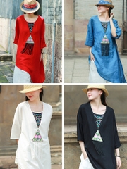 Áo thun cotton và lanh nữ thêu viền phong cách dân tộc của những người ưa hoạt động terong thời tiết mùa hè