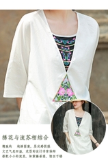 Áo thun cotton và lanh nữ thêu viền phong cách dân tộc của những người ưa hoạt động terong thời tiết mùa hè