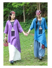 Áo thun cotton và lanh nữ thêu viền phong cách dân tộc của những người ưa hoạt động terong thời tiết mùa hè