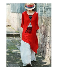 Áo thun cotton và lanh nữ thêu viền phong cách dân tộc của những người ưa hoạt động terong thời tiết mùa hè