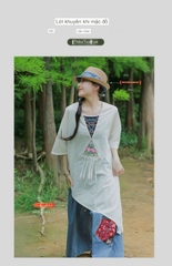 Áo thun cotton và lanh nữ thêu viền phong cách dân tộc của những người ưa hoạt động terong thời tiết mùa hè
