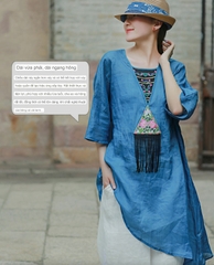 Áo thun cotton và lanh nữ thêu viền phong cách dân tộc của những người ưa hoạt động terong thời tiết mùa hè