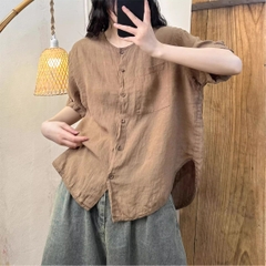 Áo crop top bằng vải lanh viền cong, phong cách retro giản dị, đơn giản của mùa hè năm 2024