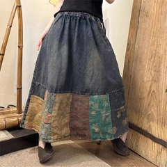 Chân váy bò chắp vá vải nilen thô hoa váy denim phong cách mới retro niche side-up ren