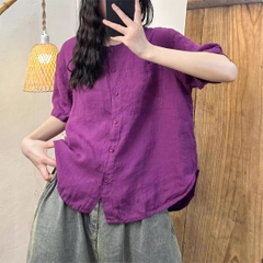Áo crop top bằng vải lanh viền cong, phong cách retro giản dị, đơn giản của mùa hè năm 2024