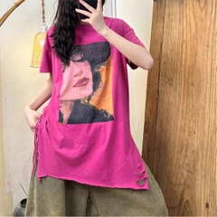 Áo thun cotton vạt xẻ tà đến từ H u a l o u, có hình bắt mắt - mẫu 2024 - Phong cách trẻ trung năng động cho mùa hè