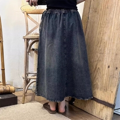 Chân váy bò chắp vá vải nilen thô hoa váy denim phong cách mới retro niche side-up ren