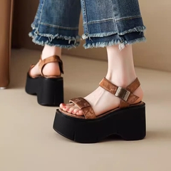 Sandal đế dày, hở mũi da thật, đế bằng đa năng dành cho nữ