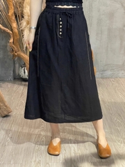 Chân Váy chữ A vải lanh co giãn đa năng retro thiết kế topstitch