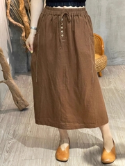 Chân Váy chữ A vải lanh co giãn đa năng retro thiết kế topstitch