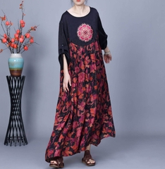 Váy lụa cupro in retro thân rộng chữ A dáng dài sang trọng quyến rũ