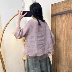 Áo sơ mi in họa tiết organza kiểu cổ điển ngọt ngào theo phong cách mùa hè năm 2024 từ H u a l o u