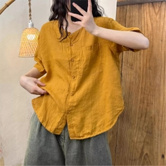 Áo crop top bằng vải lanh viền cong, phong cách retro giản dị, đơn giản của mùa hè năm 2024