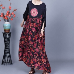 Váy lụa cupro in retro thân rộng chữ A dáng dài sang trọng quyến rũ
