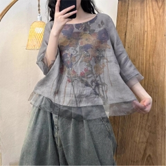 Áo sơ mi in họa tiết organza kiểu cổ điển ngọt ngào theo phong cách mùa hè năm 2024 từ H u a l o u